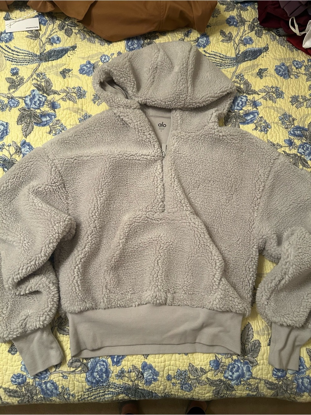 ALO Yoga Plush Sherpa Half-Zip Hoodie in Light Gray